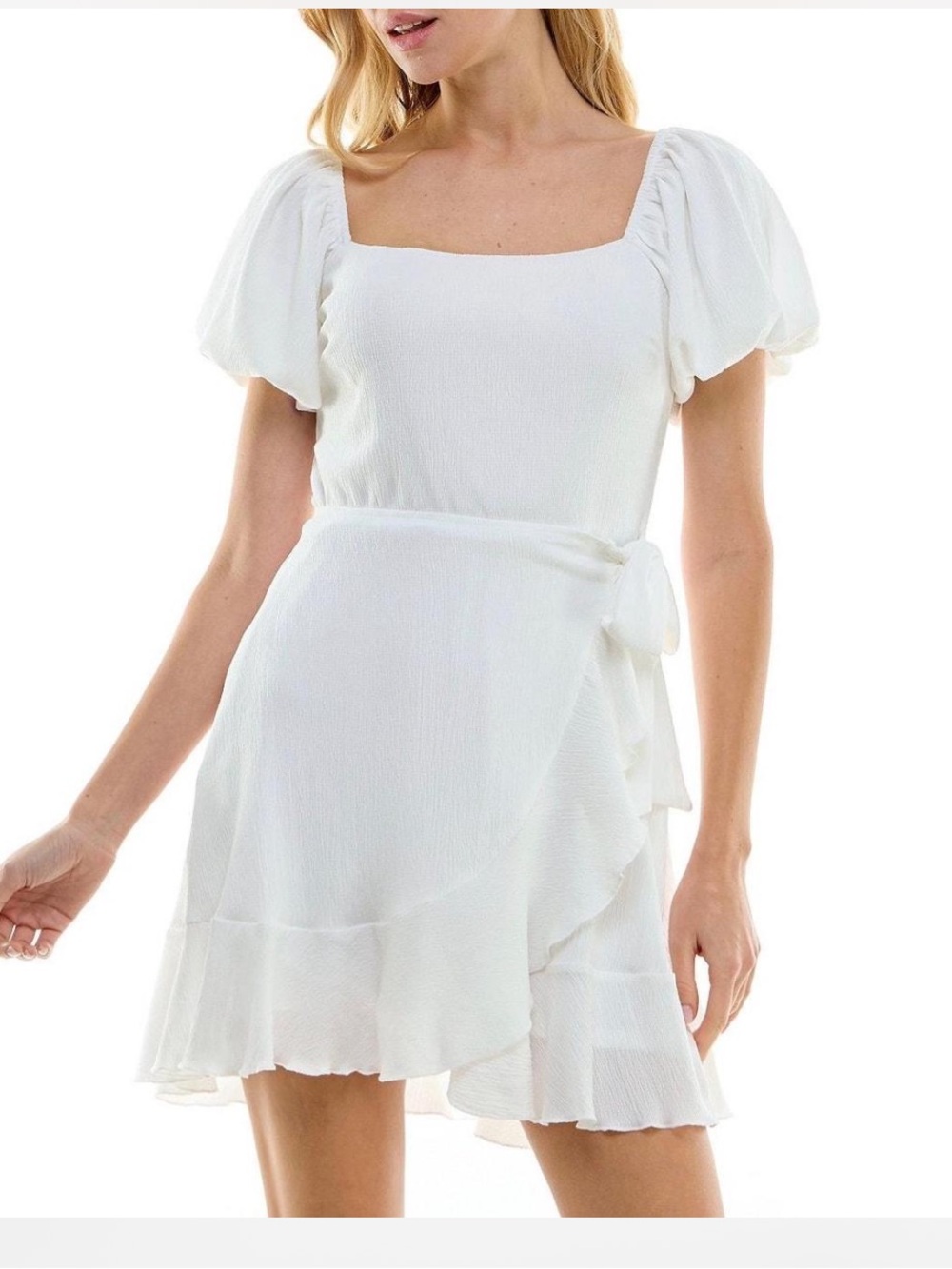 Trixxi White  Puff Sleeve Wrap Mini Dress
